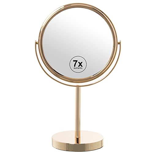 DRW Badspiegel/Schminktischspiegel mit rundem Fuß, 7-Fach, Metall, goldfarben, 18 x 12 x 33 cm, Tischspiegel von DRW