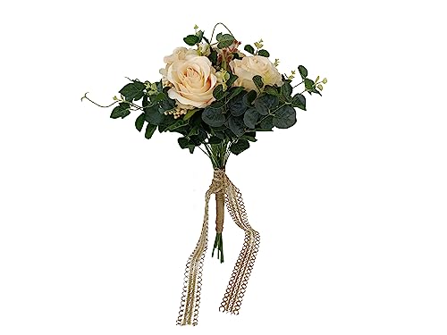 DRW Beige Brautstrauß mit Rosen und Wildblumen Künstlicher Brautstrauß Beige 56x32Ø cm von DRW