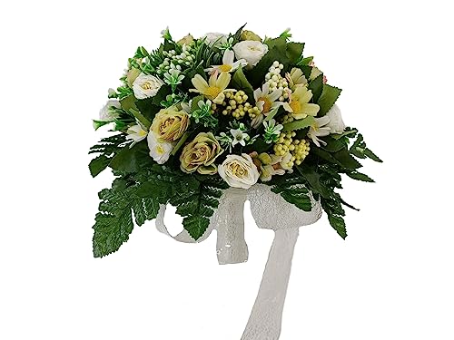 DRW Beige Brautstrauß mit Rosen und kleinen Wildblumen Künstlicher Blumenstrauß Braut Beige 27x40Ø cm von DRW