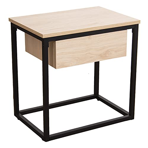 DRW Beistelltisch mit 1 Schublade aus Metall und MDF in Natur und Weiß, 50 x 35 x 50 cm, ESTANDAR von DRW