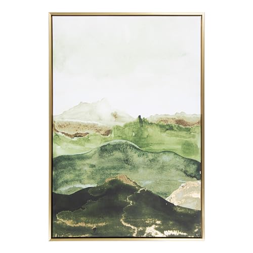 DRW Bild auf Leinwand mit goldenem Holzrahmen und abstrakter Berglandschaft, grüne Töne, 92,8 x 62,9 x 4,3 cm von DRW