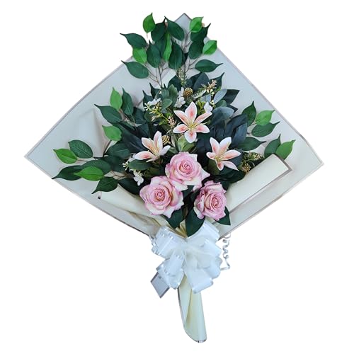 DRW Blumenstrauß für Friedhof, Blumenstrauß, künstliche Blumen, zum Einstecken in das Boot oder auf dem Grabboot, 73 x 63 x 20 cm (Lilien und Rosen) von DRW