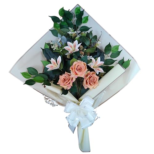 DRW Blumenstrauß für Friedhof, Blumensträuße, Kunstblumen zum Einsetzen in die Vase oder über Grab, 73 x 63 x 20 cm (Lilien und orangefarbene Rosen) von DRW