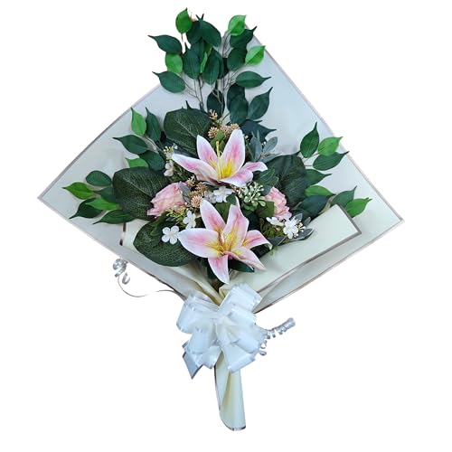 DRW Blumenstrauß für Friedhof, Blumenstrauß, künstliche Blumen, zum Einstecken in das Boot oder auf dem Grabboot, 73 x 63 x 20 cm (Lilium Rosa) von DRW