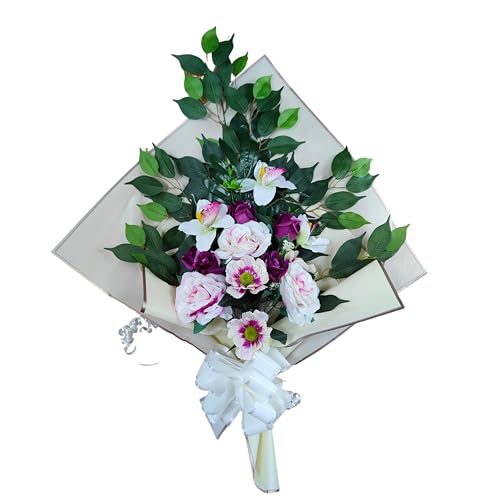 DRW Blumenstrauß für Friedhof, Blumenstrauß, künstliche Blumen, zum Einstecken in das Boot oder auf dem Grabboot, 73 x 63 x 20 cm (Rosa und Lila) von DRW