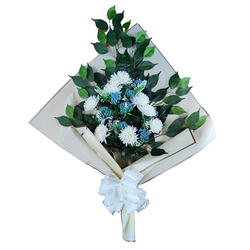 DRW Blumenstrauß für Friedhof, Blumenstrauß, künstliche Blumen, zum Einstecken in das Boot oder auf dem Grabboot, 73 x 63 x 20 cm (blau und weiß) von DRW
