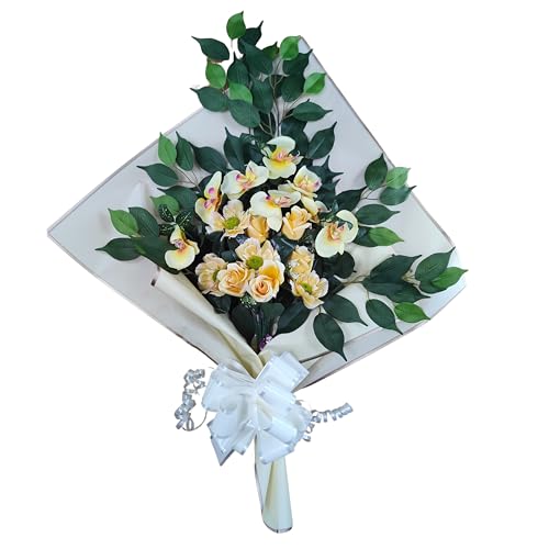DRW Blumenstrauß für Friedhof, Blumenstrauß, künstliche Blumen, zum Einstecken in das Boot oder auf dem Grabboot, 73 x 63 x 20 cm (gelbe Orchideen) von DRW