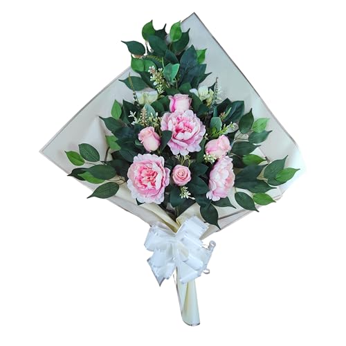 DRW Blumenstrauß für Friedhof, Blumenstrauß, künstliche Blumen, zum Einstecken in das Boot oder auf dem Grabboot, 73 x 63 x 20 cm (rosa Pfingstrosen) von DRW