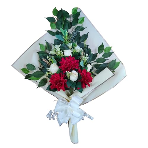 DRW Blumenstrauß für Friedhof, Blumenstrauß, künstliche Blumen, zum Einstecken in das Boot oder auf dem Grabboot, 73 x 63 x 20 cm (rote Dahlien) von DRW