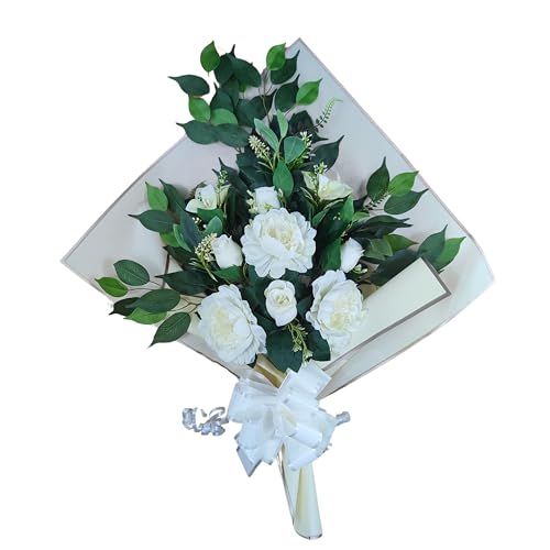 DRW Blumenstrauß für Friedhof, Blumenstrauß, künstliche Blumen, zum Einstecken in das Boot oder auf dem Grabboot, 73 x 63 x 20 cm (weiße Pfingstrosen) von DRW