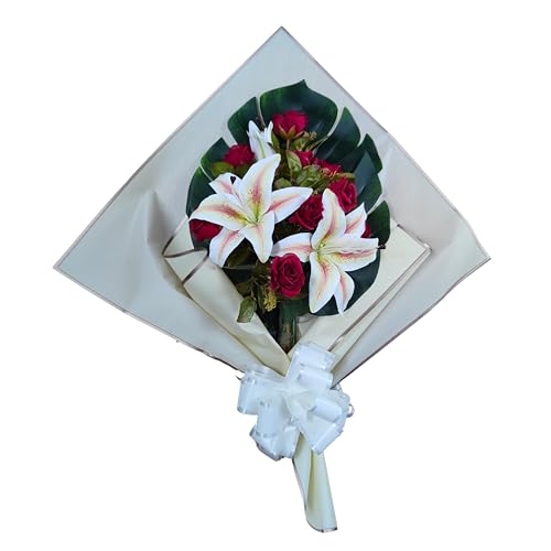 DRW Blumenstrauß für Friedhof, Blumensträuße, künstliche Blumen zum Einsetzen in die Vase oder über Grab, 73 x 63 x 20 cm (Lilium Rosa und Granat) von DRW
