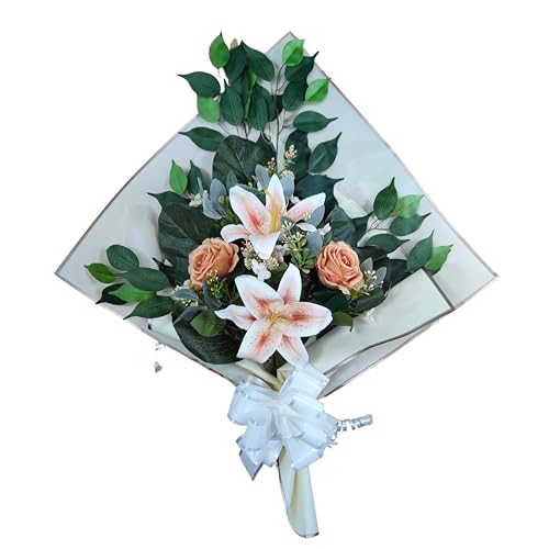 DRW Blumenstrauß für Friedhof, Blumenstrauß, künstliche Blumen, zum Einstecken in das Glas oder auf dem Grabboot, 73 x 63 x 20 cm (Liliums Orange) von DRW