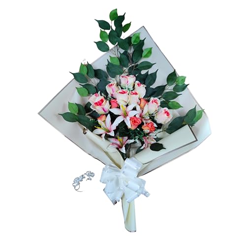 DRW Blumenstrauß für Friedhof, Blumenstrauß, künstliche Blumen, zum Einstecken in die Vase oder auf dem Grabboot, 73 x 63 x 20 cm (Lachsknospen und Liliums) von DRW
