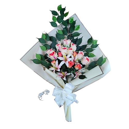 DRW Blumenstrauß für Friedhof, Blumenstrauß, künstliche Blumen zum Einsetzen in die Vase oder über Grab, 73 x 63 x 20 cm (Knospen und Lilien Lachs) von DRW
