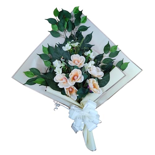 DRW Blumenstrauß für Friedhof, Blumenstrauß, künstliche Blumen, zum Einstecken in die Vase oder auf dem Grabboot, 73 x 63 x 20 cm (Magnolien gelb) von DRW