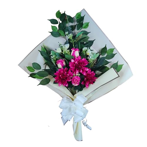 DRW Blumenstrauß für Friedhof, Blumenstrauß, künstliche Blumen mit Vase, 78 x 63 x 20 cm (Dalias Fuchsia) von DRW