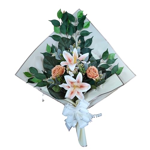 DRW Blumenstrauß für Friedhof, Blumenstrauß, künstliche Blumen mit Vase, 78 x 63 x 20 cm (Orange) von DRW