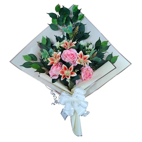 DRW Blumenstrauß für Friedhof, Blumenstrauß, künstliche Blumen mit Vase, 78 x 63 x 20 cm (rosa Lilien) von DRW