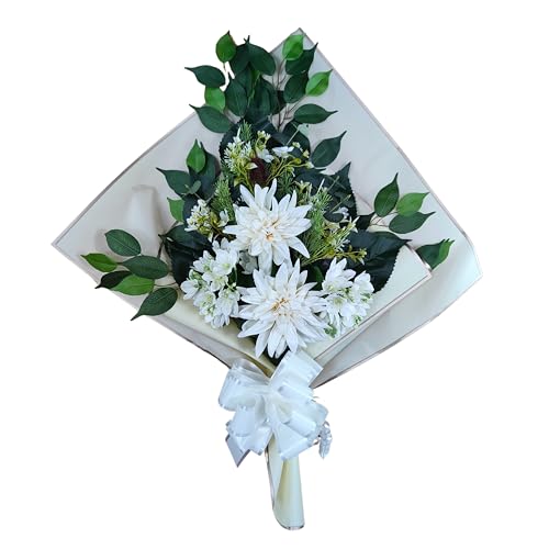 DRW Blumenstrauß für Friedhof, Blumenstrauß, künstliche Blumen mit Vase, 78 x 63 x 20 cm (weiße Dahlien) von DRW