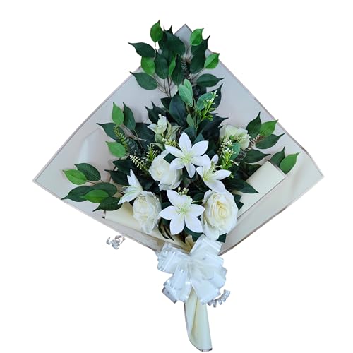 DRW Blumenstrauß für Friedhof, Blumenstrauß, künstliche Blumen mit Vase, 78 x 63 x 20 cm (weiße Lilien) von DRW