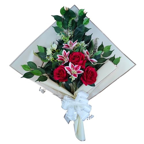 DRW Blumenstrauß für Friedhof, künstliche Blumen mit Vase, 78 x 63 x 20 cm (Lilien und Rosen, Fuchsia) von DRW