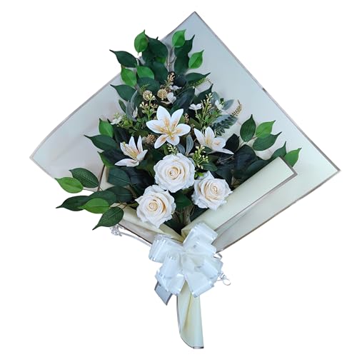 DRW Blumenstrauß für Friedhof, künstliche Blumen mit Vase, 78 x 63 x 20 cm (Lilien und Rosen beige) von DRW