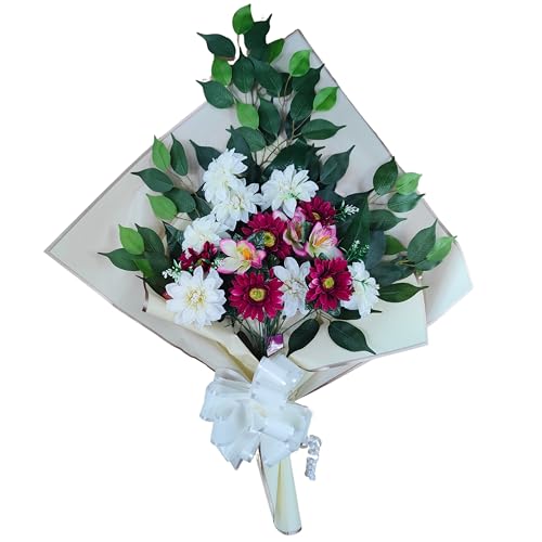 DRW Blumenstrauß für Friedhof, künstliche Blumen mit Vase, 78 x 63 x 20 cm (weiß und Fuchsia) von DRW