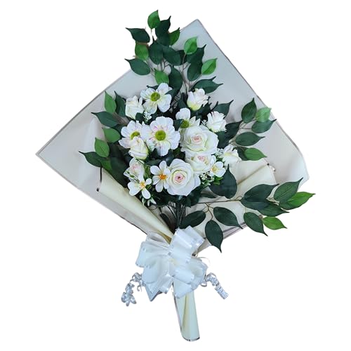 DRW Blumenstrauß für Friedhof, künstliche Blumen mit Vase, 78 x 63 x 20 cm (weiß und rosa) von DRW