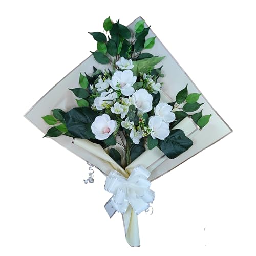 DRW Blumenstrauß für Friedhof, künstliche Blumen mit Vase, 78 x 63 x 20 cm (weiße Magnolien) von DRW