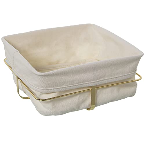 DRW Brotkorb aus Metall und Stoff in Weiß und Gold, 21,5 x 21,5 x 10 cm von DRW