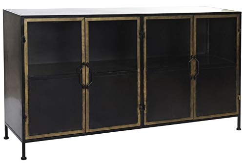 DRW Buffet aus Holz und Glas mit 4 Türen in Schwarz und Gold, 151 x 39 x 82,5 cm, Metall, 151x39x82,5cm von DRW