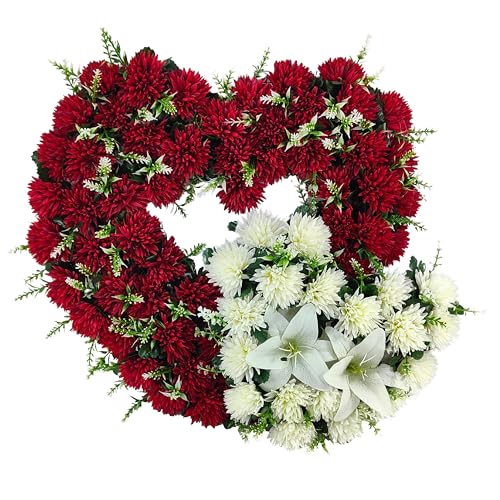 DRW Doppelherz mit künstlichen Blumen, Weiß und Rot, für Friedhof, Hochzeit, Kirche, mit weißen Lilien, Chrysanthemen, 58 x 53 x 12 cm von DRW