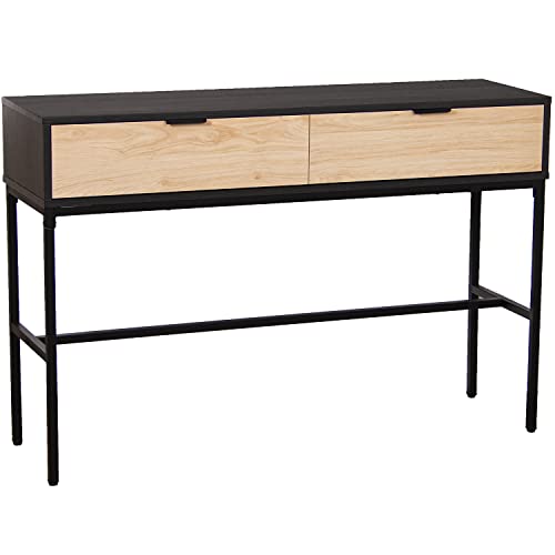 DRW Eingangstisch mit 2 Schubladen aus Metall und MDF, in Natur und Schwarz, 120 x 35 x 80 cm, Höhe der Beine 60 cm von DRW