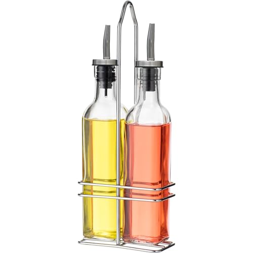 DRW Essigdosen-Set mit 2 Teilen, 500 ml, aus Glas mit Edelstahlständer, transparent, 7,5 x 14 x 35 cm von DRW