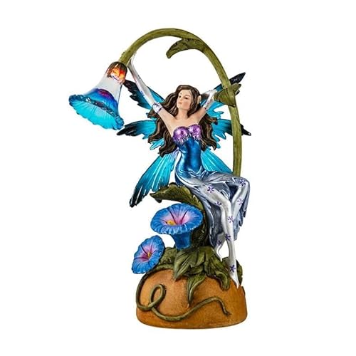 DRW Figur Fee NINFA Blau mit Licht auf Einer handbemalten Harzblume 8x10x22cm von DRW