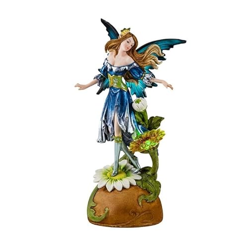 DRW Figur Fee NINFA Blau mit Licht auf Einer handbemalten Harzblume 8x10x22cm von DRW