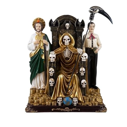 DRW Figur Santa Muerte Gold sitzt auf Thron mit Judas Thadeo und Jesus Malverde 30 x 17 x 35 cm. von DRW