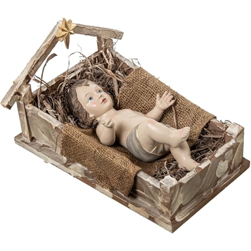 DRW Figur eines Jesuskindes in Krippe aus Harz in Beige und Braun, 20 x 31 x 25 cm von DRW