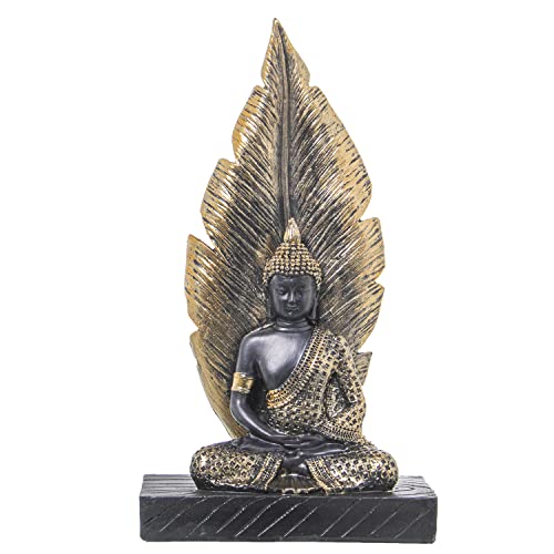 DRW Figur eines sitzenden Buddha mit Blatt aus Harz in Gold und Braun, 15 x 7 x 27 cm von DRW
