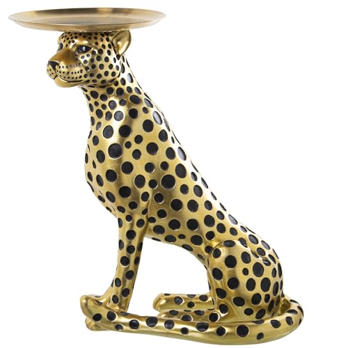 DRW Figur eines sitzenden Leoparden aus Harz mit Metalltablett in Schwarz und Gold, 58 x 30 x 63 cm von DRW