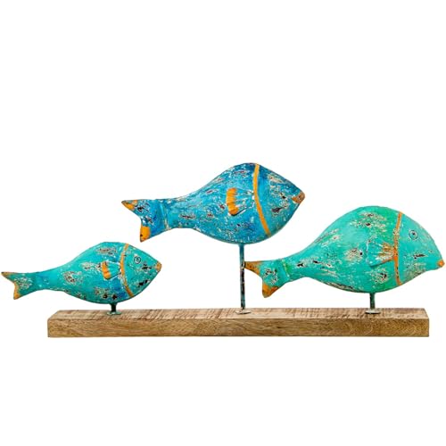 DRW Figur mit 3 Eisenfischen mit Holzsockel in Blau, 72 x 10 x 28 cm von DRW