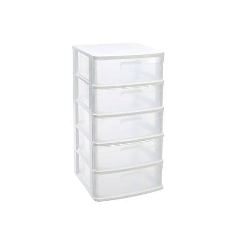 DRW Hohe Kommode mit 5 Schubladen, PVC, transparent und weiß, 39 x 40 x 80 cm von DRW