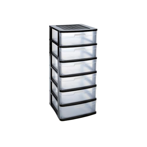DRW Hohe Kommode mit 6 Schubladen, PVC, transparent und schwarz, 39 x 40 x 96,5 cm von DRW