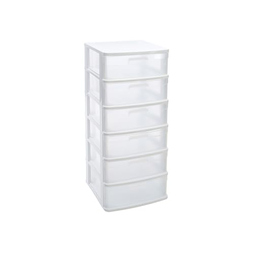 DRW Hohe Kommode mit 6 Schubladen, PVC, transparent und weiß, 39 x 40 x 96,5 cm von DRW