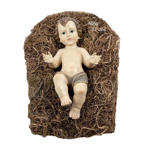 DRW Jesuskind im Kinderbett aus handbemalter Kunstharz-Stroh, 33 cm von DRW