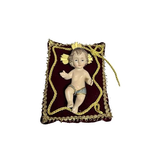 DRW Jesuskind liegend aus Harz, handbemalt, auf rotem Kissen, 6 x 12 x 15 cm von DRW