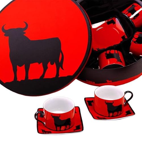 DRW Kaffee-Set, 6 Tassen, mit roter und schwarzer Stieruntertasse, 11 x 5 cm, Keramik, Taza 11x5 cm von DRW