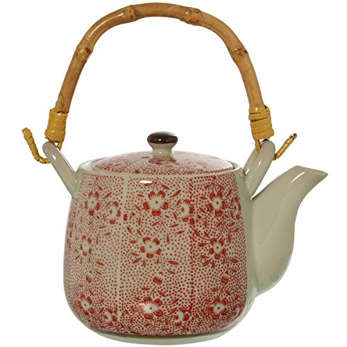 DRW Keramik-Teekanne 350 ml mit Edelstahlsieb mit Bambusgriff in weiß und rot 17 x 10,5 x 10,5/18 cm von DRW