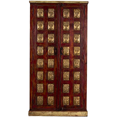 DRW Kleiderschrank mit 2 Holztüren mit goldenen Buddhas in Rot und Natur 100 x 45 x 195 cm, Holz, Grande von DRW