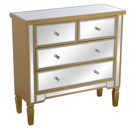 DRW Kommode aus Holz 4 Schubladen in Gold und Spiegel, 84 x 33 x 85 cm, 84x33x85 cm von DRW